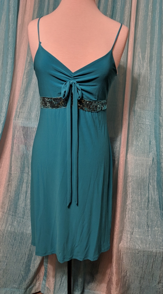 Teal blue spaghetti strap Slip dress - v neck - sequin accents - small